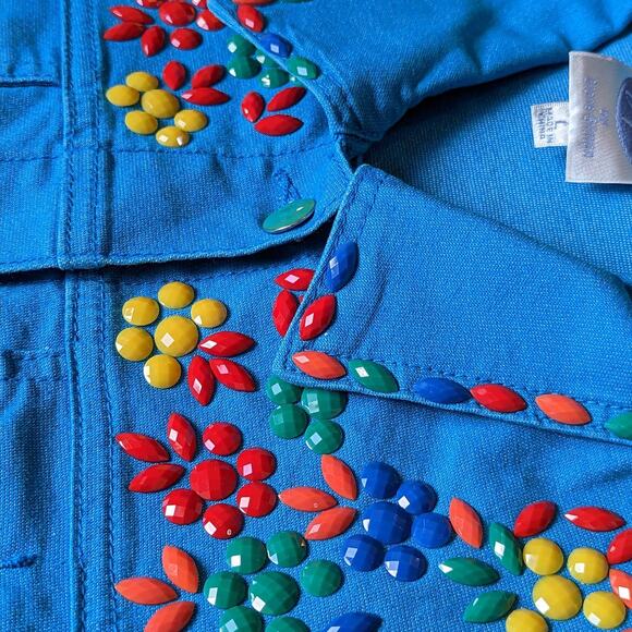 Vintage Y2K Bright Rainbow Embellished Denim Jacket Large Pride Month Kidcore - Picture 4 of 5